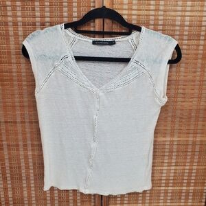 ☆ Monoprix Femme V Neck Semi Sheer Crochet Trimmed Top Size XS